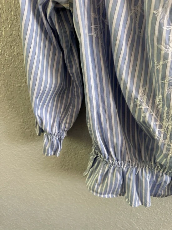 White House Black Market Off Shoulder Embroidered Blouse Blue Stripe Cotton L - Picture 5 of 14